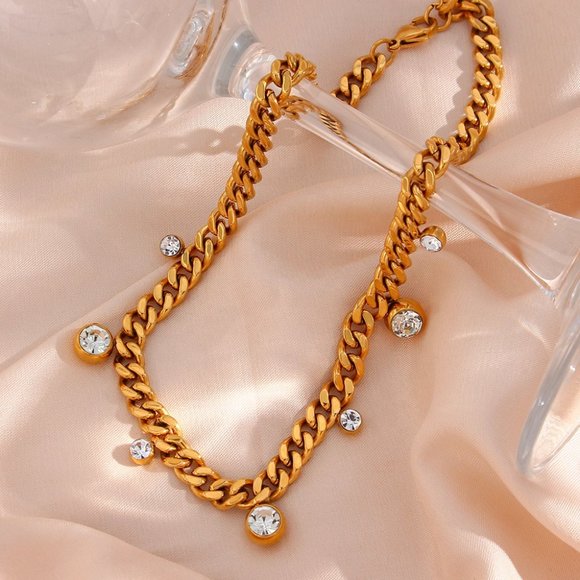 Chunky Cuban Chain Choker Necklace Zircon Charms 18K Gold Plating - Picture 5 of 9